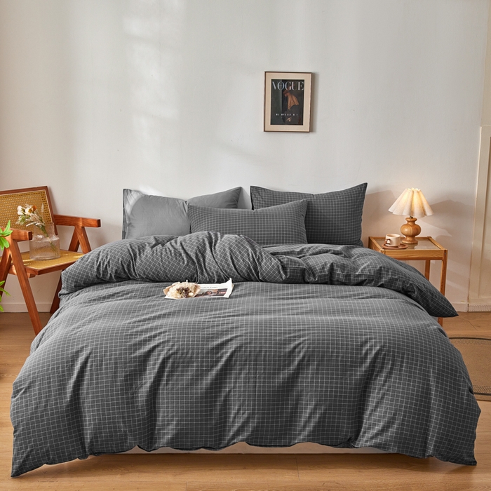 91家纺网 家纺一手货源 找家纺 2025新款全棉色织水洗棉四件套被套三件套系列 灰小方格