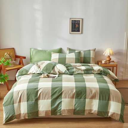2025新款全棉色织水洗棉四件套被套三件套系列 绿大格