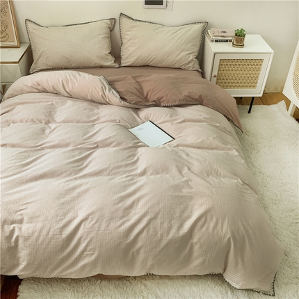 莱茵2024新款A类全棉纯棉40s色织水洗棉条纹贝壳边日系四件套-水洗棉贝壳边咖