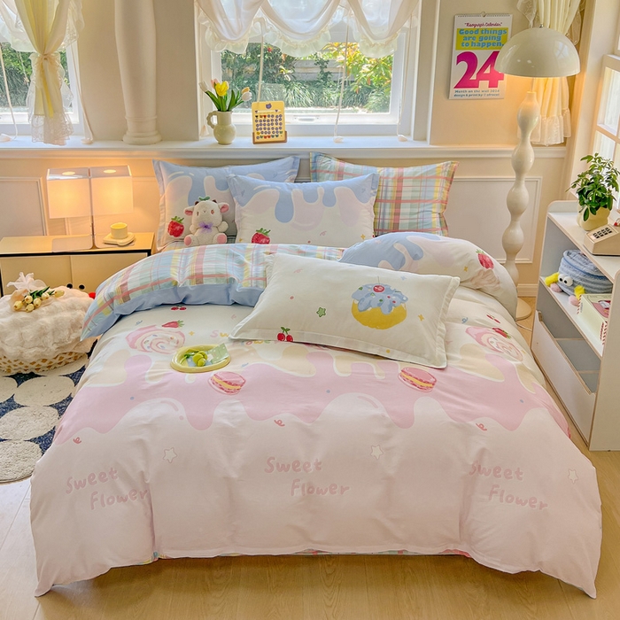 91家纺网 家纺一手货源 找家纺 绵庭家纺 2024新款全棉印花套件系列四件套 甜意奶油