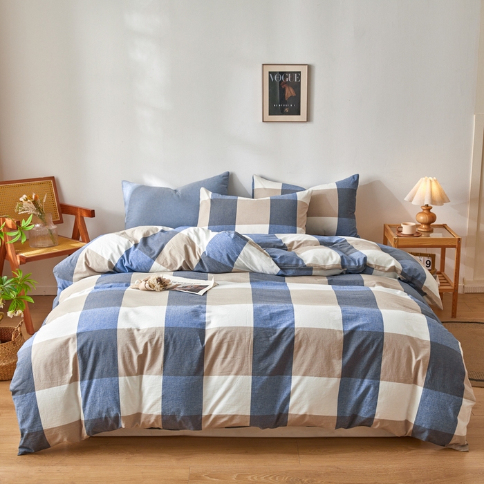 91家纺网 家纺一手货源 找家纺 2025新款全棉色织水洗棉四件套被套三件套系列 蓝大格