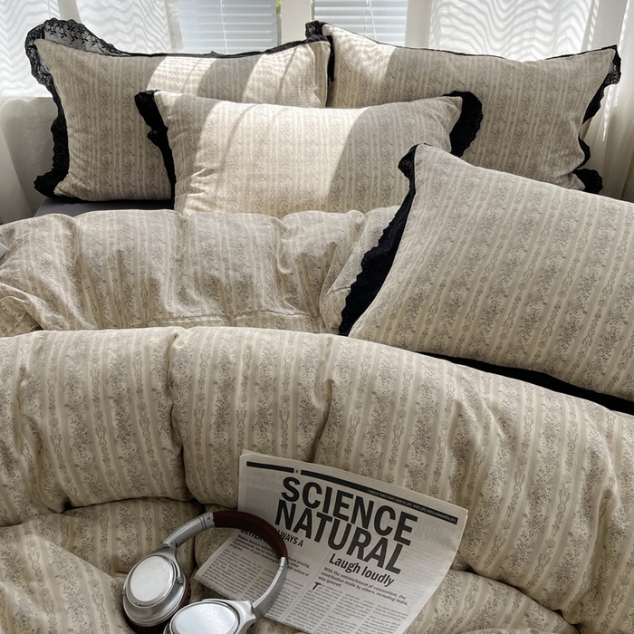 91家纺网 家纺一手货源 找家纺 2025新款全棉黑边双层纱花边款四件套 花边款-庄园