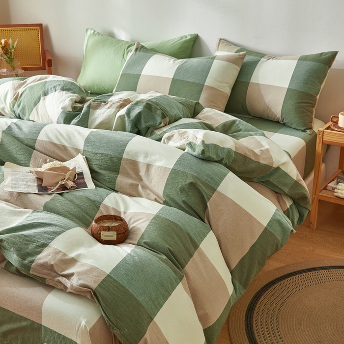 91家纺网 家纺一手货源 找家纺 2025新款全棉色织水洗棉四件套被套三件套系列 绿大格