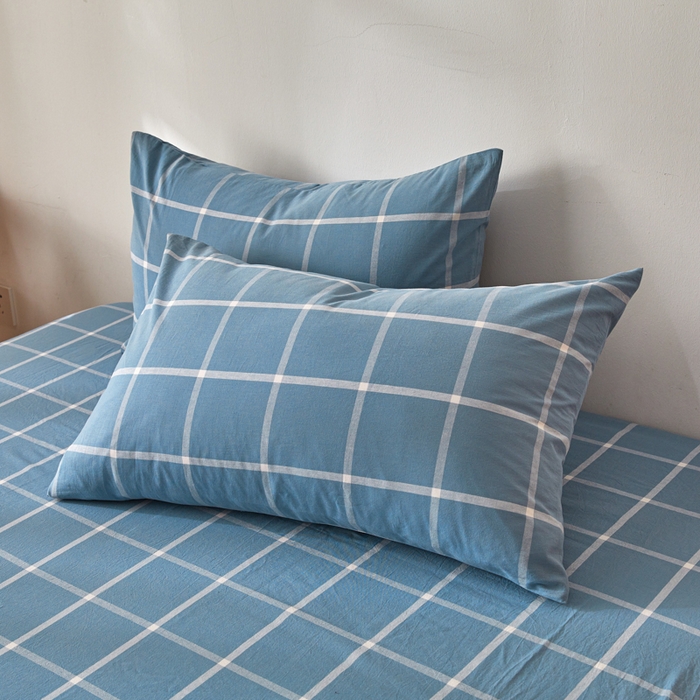 91家纺网 家纺一手货源 找家纺 2025新款全棉色织水洗棉四件套被套三件套系列 蓝灰中格