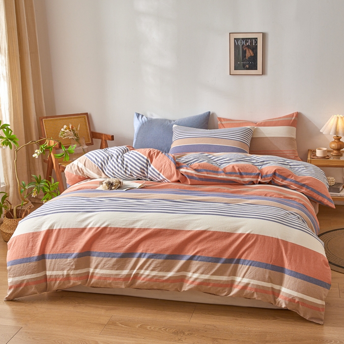 91家纺网 家纺一手货源 找家纺 2025新款全棉色织水洗棉四件套被套三件套系列 橘兰咖条