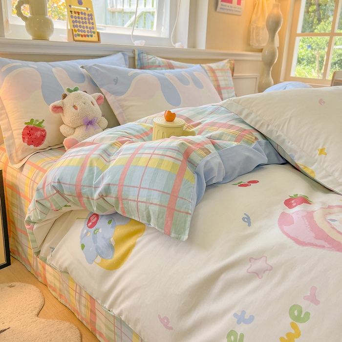 91家纺网 家纺一手货源 找家纺 绵庭家纺 2024新款全棉印花套件系列四件套 甜意奶油