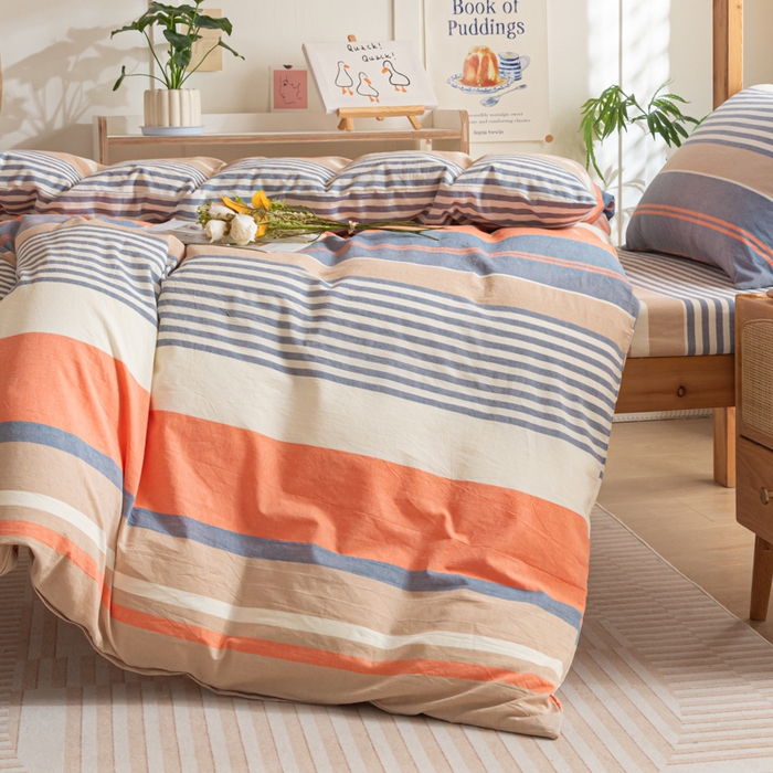 91家纺网 家纺一手货源 找家纺 2025新款全棉水洗棉被套纯棉单双人宿舍学生-可配3件套 橘兰咖条