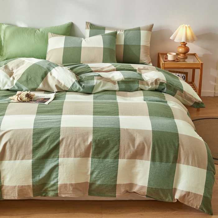 91家纺网 家纺一手货源 找家纺 2025新款全棉色织水洗棉四件套被套三件套系列 绿大格