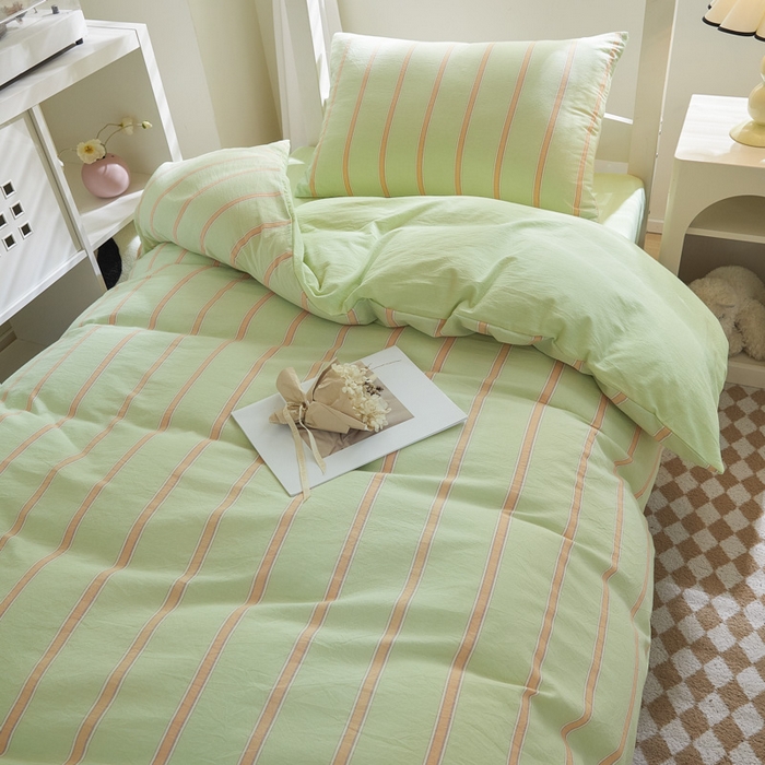 91家纺网 家纺一手货源 找家纺 吾诺家居 2024学生季新款全棉学生宿舍三件套六件套组合系列 桔绿条