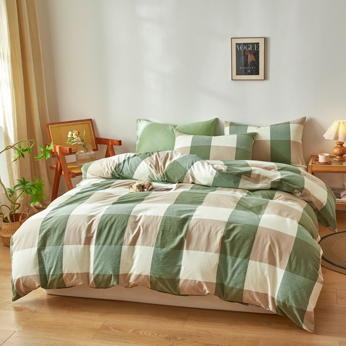 91家纺网 家纺一手货源 找家纺 2025新款全棉色织水洗棉四件套被套三件套系列 绿大格