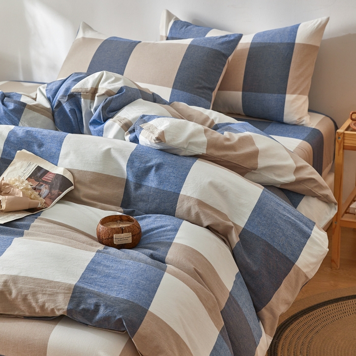 91家纺网 家纺一手货源 找家纺 2025新款全棉色织水洗棉四件套被套三件套系列 蓝大格