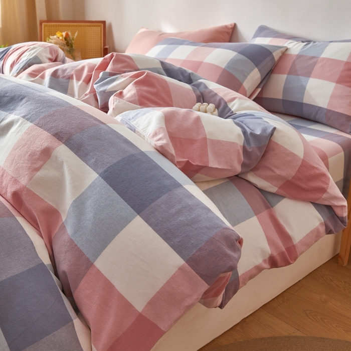 91家纺网 家纺一手货源 找家纺 2025新款全棉色织水洗棉四件套被套三件套系列 英伦粉