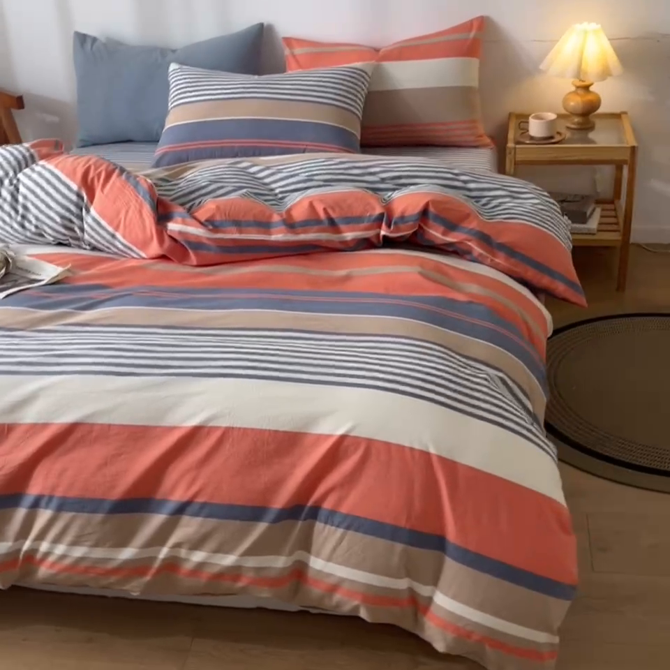 91家纺网 家纺一手货源 找家纺 2025新款全棉色织水洗棉四件套被套三件套系列 橘兰咖条