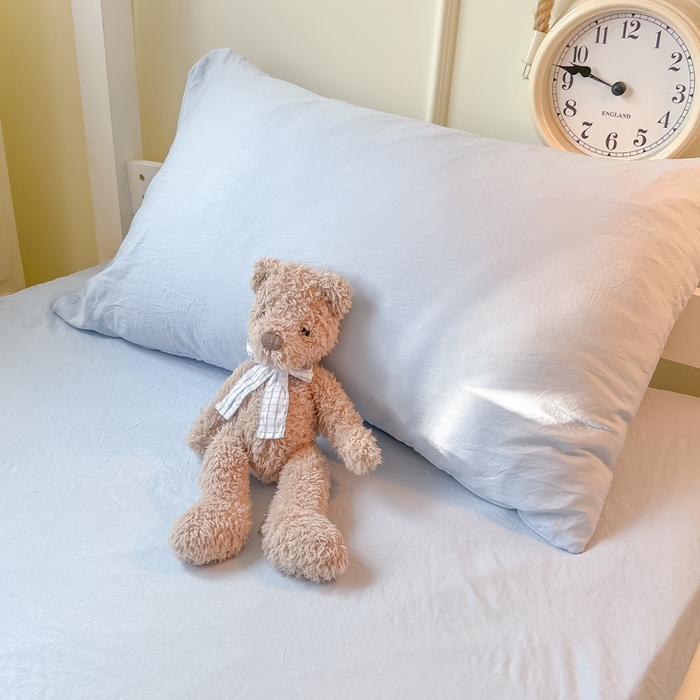 91家纺网 家纺一手货源 找家纺 韩巢家纺 2024新款学生宿舍员工寝室上下铺超柔水洗棉床单被套三件套-纯色系列拼（提供卖家秀） 水洗棉浅蓝