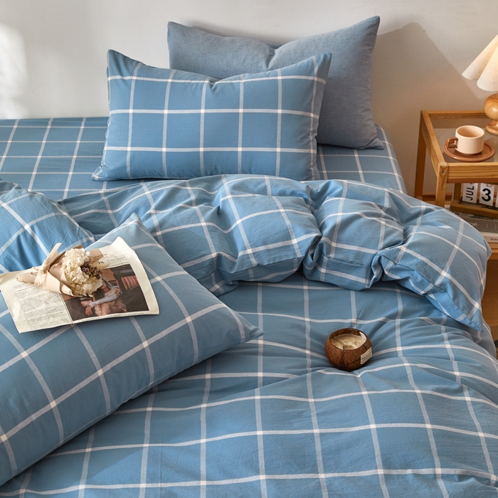 91家纺网 家纺一手货源 找家纺 2025新款全棉色织水洗棉四件套被套三件套系列 蓝灰中格