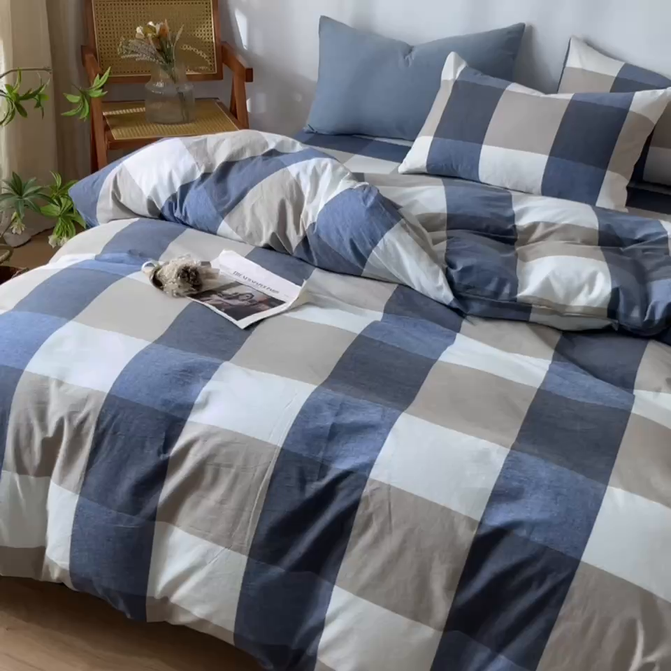 91家纺网 家纺一手货源 找家纺 2025新款全棉色织水洗棉四件套被套三件套系列 蓝大格
