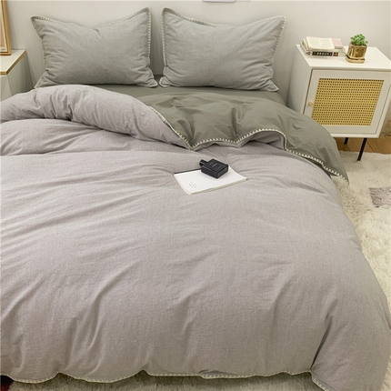 莱茵2024新款A类全棉纯棉40s色织水洗棉条纹贝壳边日系四件套-水洗棉贝壳边灰