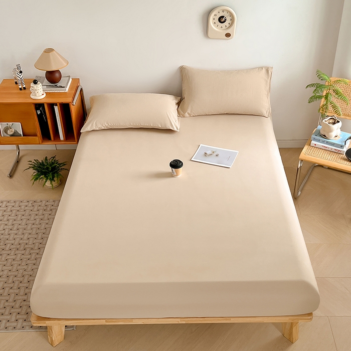 91家纺网 家纺一手货源 找家纺 贝拉梦家纺 2024新款超柔水洗棉纯色简约单品床笠枕套 可可蛋奶