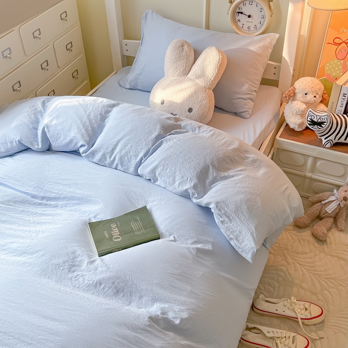 91家纺网 家纺一手货源 找家纺 韩巢家纺 2024新款学生宿舍员工寝室上下铺超柔水洗棉床单被套三件套-纯色系列拼（提供卖家秀） 水洗棉浅蓝