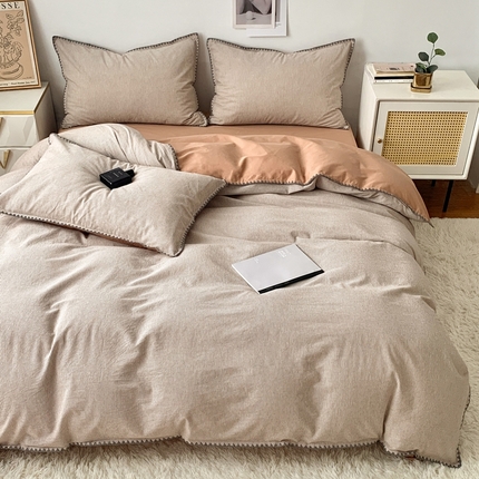 91家纺网 家纺一手货源 找家纺 （总）莱茵2024新款A类全棉纯棉40s色织水洗棉条纹贝壳边日系四件套