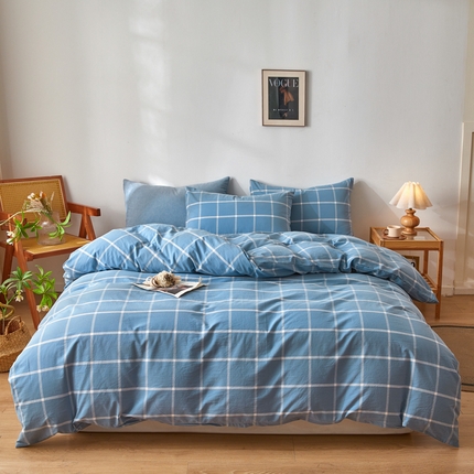 2025新款全棉色织水洗棉四件套被套三件套系列 蓝灰中格