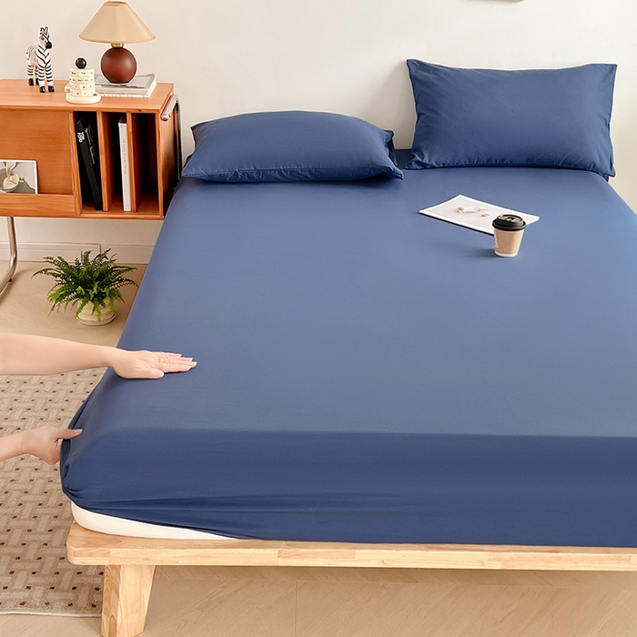 91家纺网 家纺一手货源 找家纺 贝拉梦家纺 2024新款超柔水洗棉纯色简约单品床笠枕套 浩瀚蓝