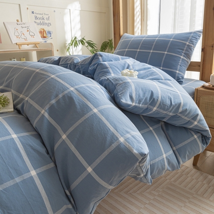 2025新款全棉水洗棉被套纯棉单双人宿舍学生-可配3件套 蓝灰中格