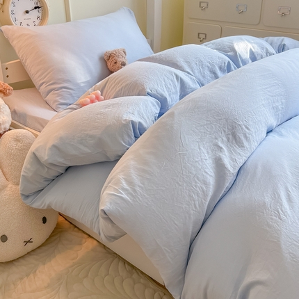 韩巢家纺 2024新款学生宿舍员工寝室上下铺超柔水洗棉床单被套三件套-纯色系列拼（提供卖家秀） 水洗棉浅蓝