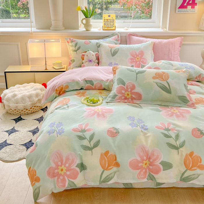 91家纺网 家纺一手货源 找家纺 绵庭家纺 2024新款全棉印花套件系列四件套 翩翩花语