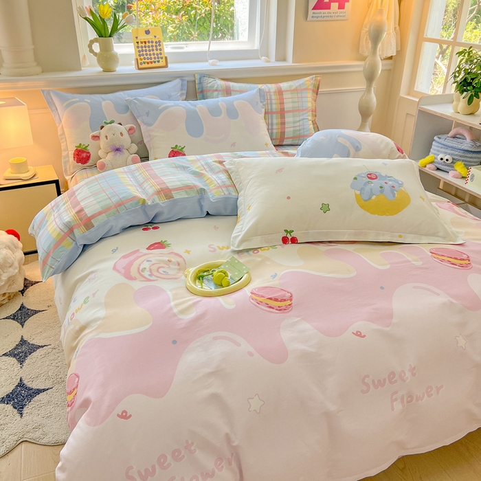 91家纺网 家纺一手货源 找家纺 绵庭家纺 2024新款全棉印花套件系列四件套 甜意奶油