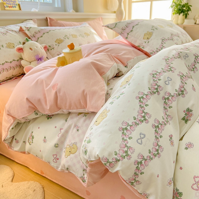 91家纺网 家纺一手货源 找家纺 绵庭家纺 2024新款全棉印花套件系列四件套 考拉粉忆