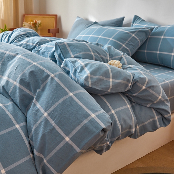 91家纺网 家纺一手货源 找家纺 2025新款全棉色织水洗棉四件套被套三件套系列 蓝灰中格