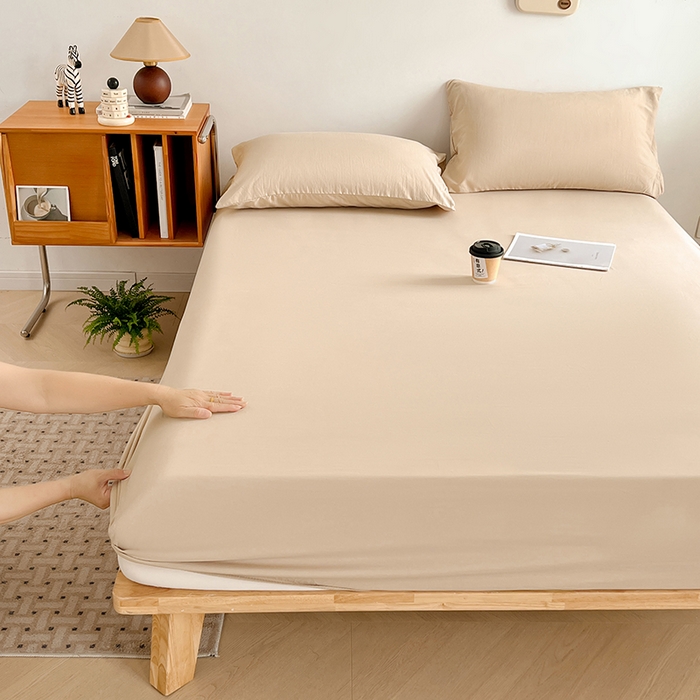 91家纺网 家纺一手货源 找家纺 贝拉梦家纺 2024新款超柔水洗棉纯色简约单品床笠枕套 可可蛋奶