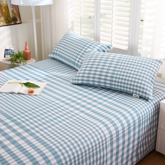 91家纺网 家纺一手货源 找家纺 伊而梦蚊帐 2025新款原棉老粗布床单系列 格梦-蓝