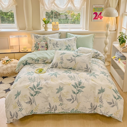 绵庭家纺 2024新款全棉印花套件系列四件套 叶影