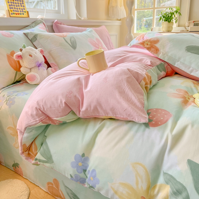 91家纺网 家纺一手货源 找家纺 绵庭家纺 2024新款全棉印花套件系列四件套 翩翩花语