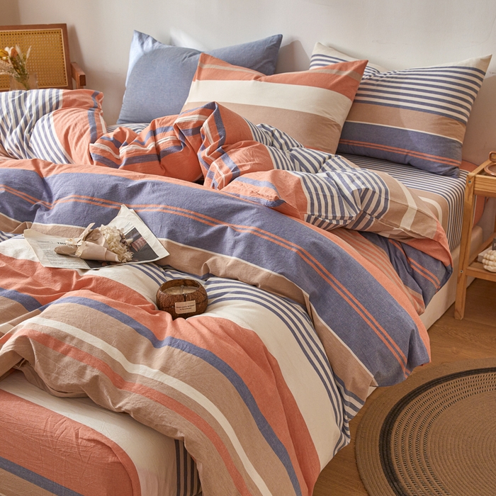 91家纺网 家纺一手货源 找家纺 2025新款全棉色织水洗棉四件套被套三件套系列 橘兰咖条