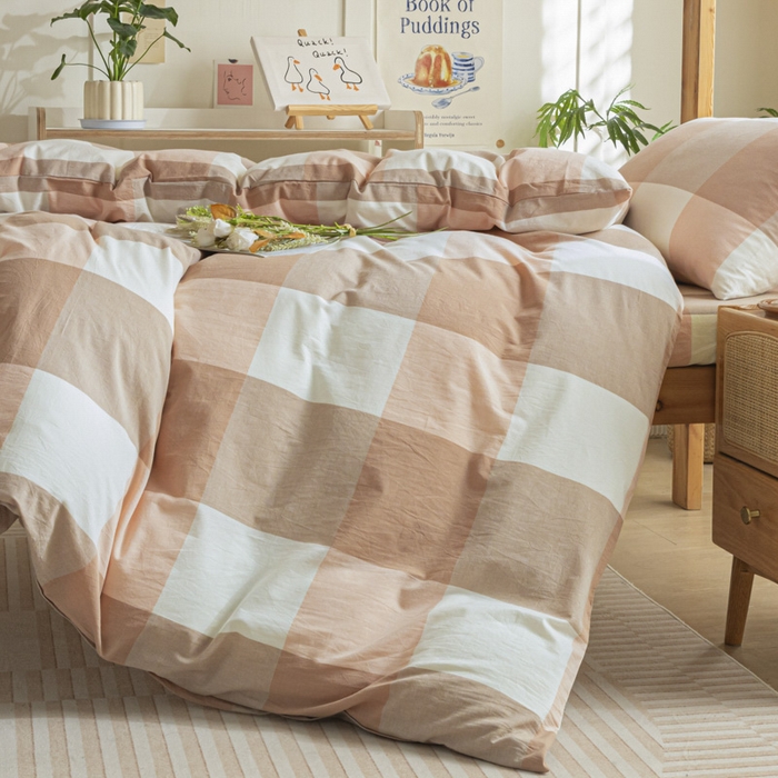 91家纺网 家纺一手货源 找家纺 2025新款全棉水洗棉被套纯棉单双人宿舍学生-可配3件套 粉大格