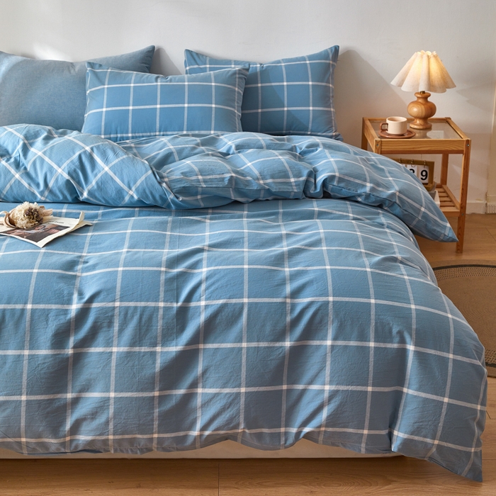 91家纺网 家纺一手货源 找家纺 2025新款全棉色织水洗棉四件套被套三件套系列 蓝灰中格