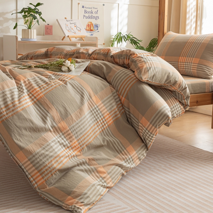 91家纺网 家纺一手货源 找家纺 2025新款全棉水洗棉被套纯棉单双人宿舍学生-可配3件套 错格咖