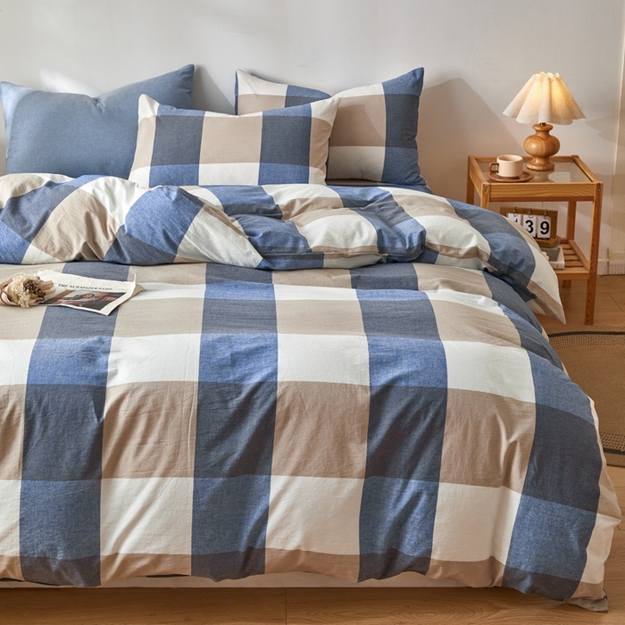 91家纺网 家纺一手货源 找家纺 2025新款全棉色织水洗棉四件套被套三件套系列 蓝大格