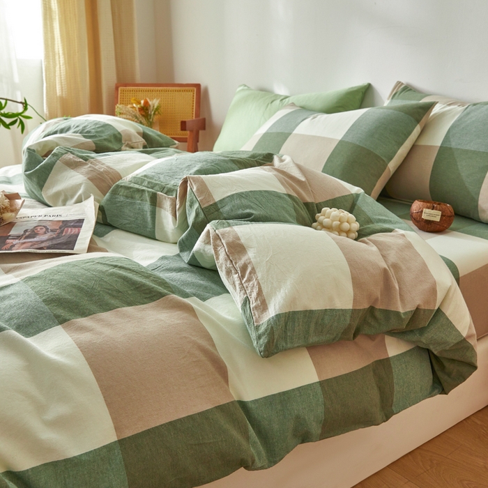 91家纺网 家纺一手货源 找家纺 2025新款全棉色织水洗棉四件套被套三件套系列 绿大格