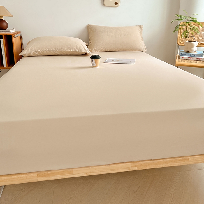 91家纺网 家纺一手货源 找家纺 贝拉梦家纺 2024新款超柔水洗棉纯色简约单品床笠枕套 可可蛋奶