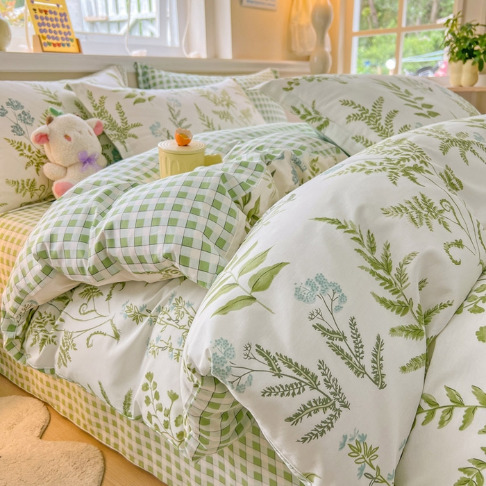 91家纺网 家纺一手货源 找家纺 绵庭家纺 2024新款全棉印花套件系列四件套 半夏之叶