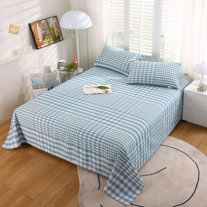 91家纺网 家纺一手货源 找家纺 伊而梦蚊帐 2025新款原棉老粗布床单系列 格梦-蓝