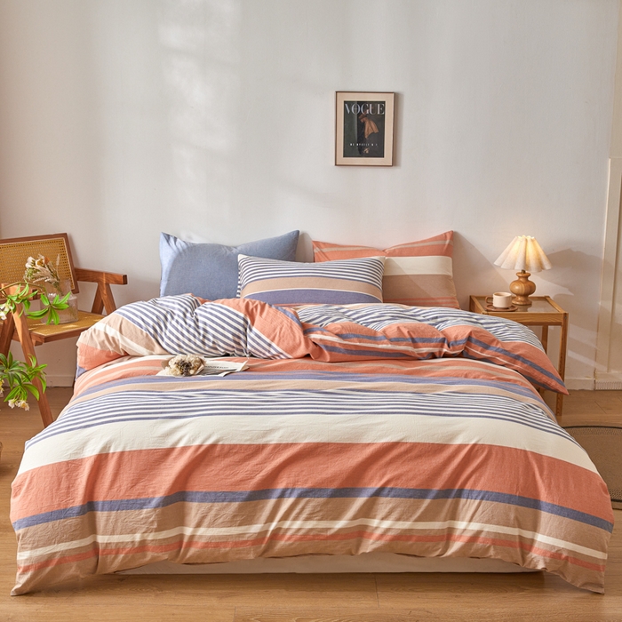 91家纺网 家纺一手货源 找家纺 2025新款全棉色织水洗棉四件套被套三件套系列 橘兰咖条