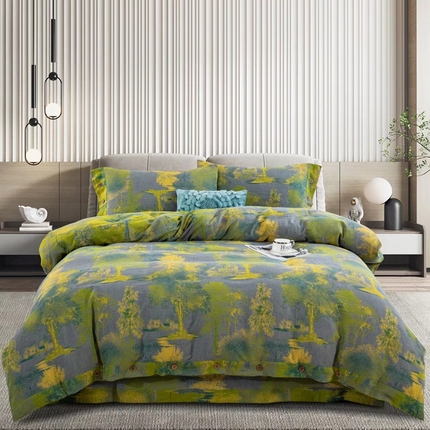 91家纺网 家纺一手货源 找家纺 双层纱家居 2024新款大花系列四件套 漫步森林-灰