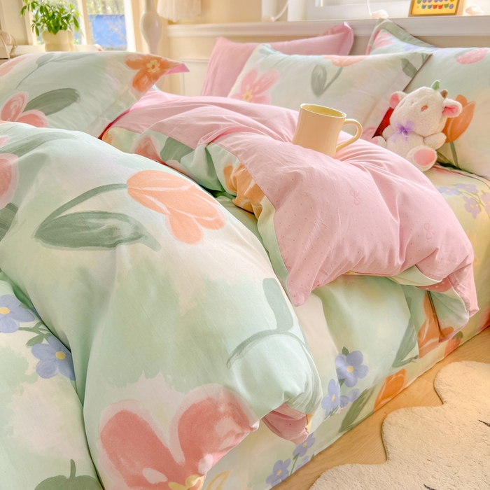 91家纺网 家纺一手货源 找家纺 绵庭家纺 2024新款全棉印花套件系列四件套 翩翩花语