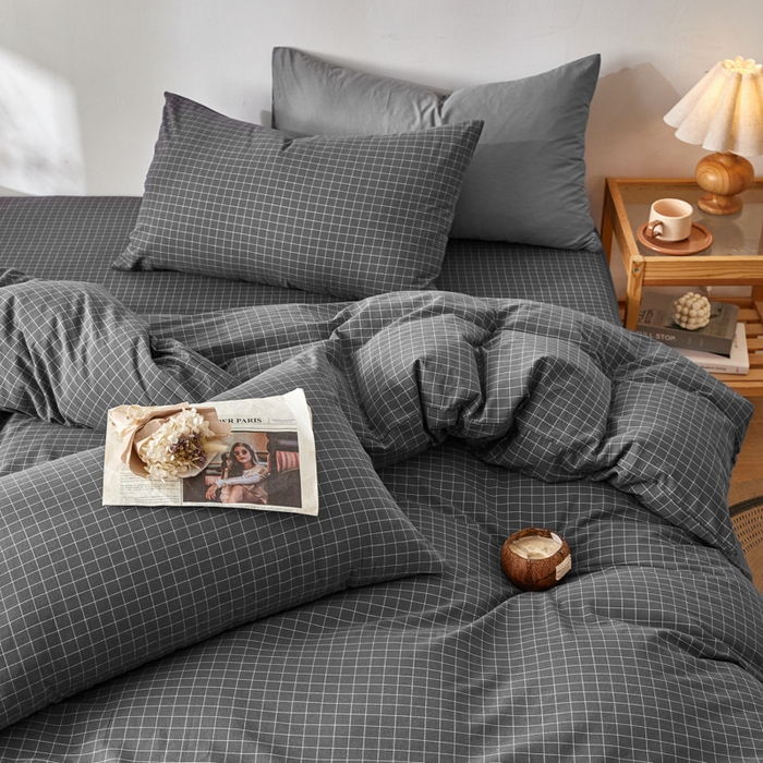 91家纺网 家纺一手货源 找家纺 2025新款全棉色织水洗棉四件套被套三件套系列 灰小方格