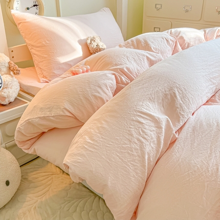 韩巢家纺 2024新款学生宿舍员工寝室上下铺超柔水洗棉床单被套三件套-纯色系列拼（提供卖家秀） 水洗棉浅粉